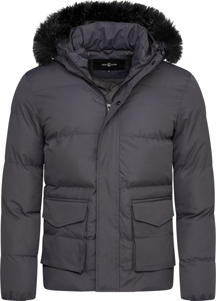 SOULSTAR Herren Winterjacke S2RISOR Parka Lang Puffer Jacke mit Kapuze & abnehmbarem Kunstfell Pufferjacke