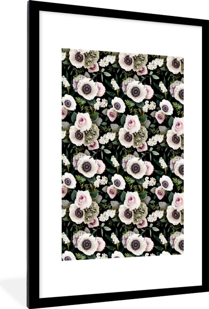 MuchoWow MuchoWow Gerahmtes Poster Blumen - Anemone - Collage 60x90 cm - Poster mit zchwarzem Bilderrahmen - Dekoration - Wandposter Wohnzimmer...