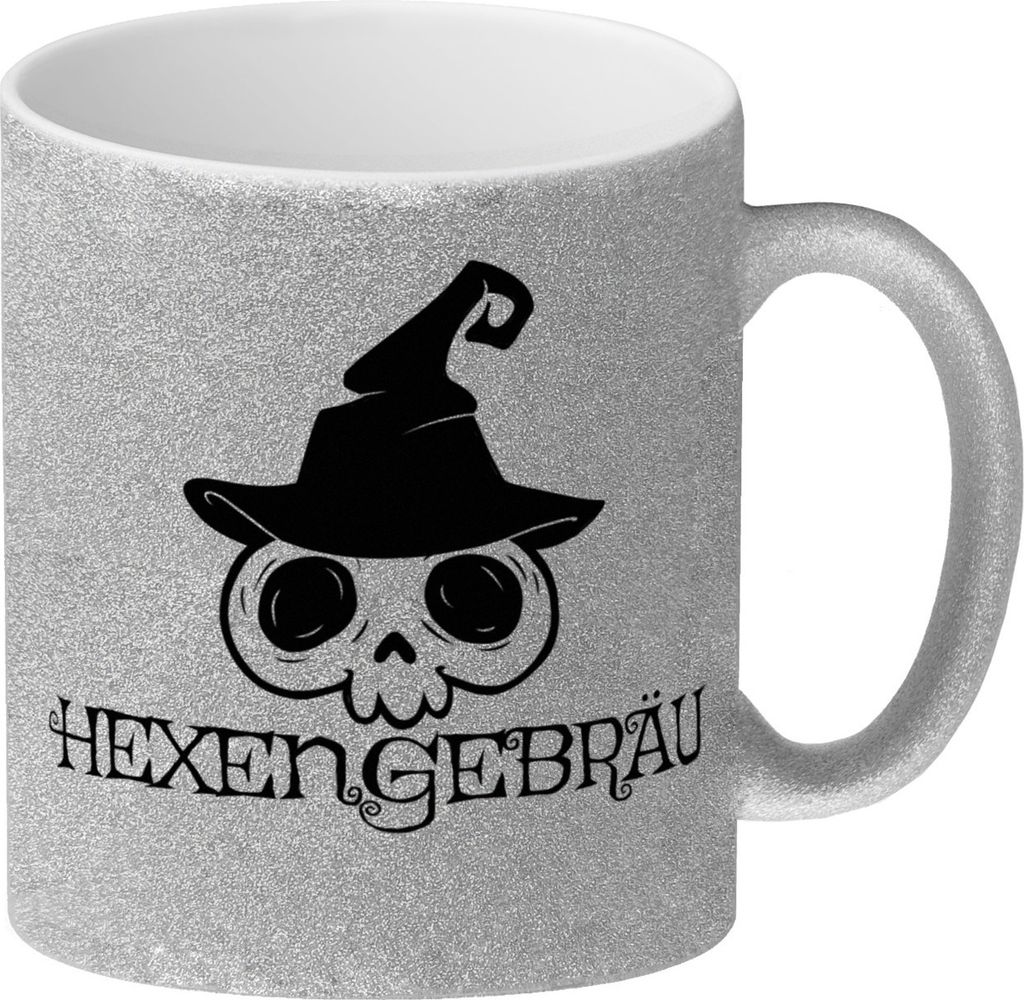 Glitzer-Kaffeebecher mit lustigem Halloween Motiv - Totenkopf mit Hexenhut