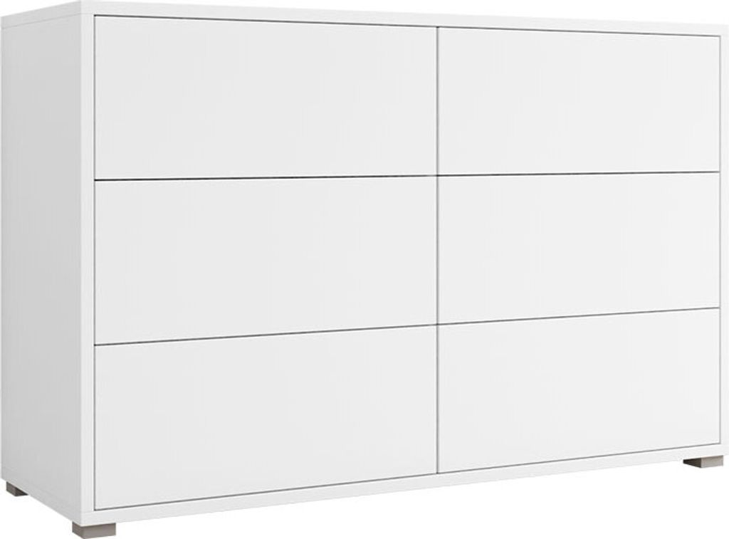 A white dresser with six drawers against a white background.