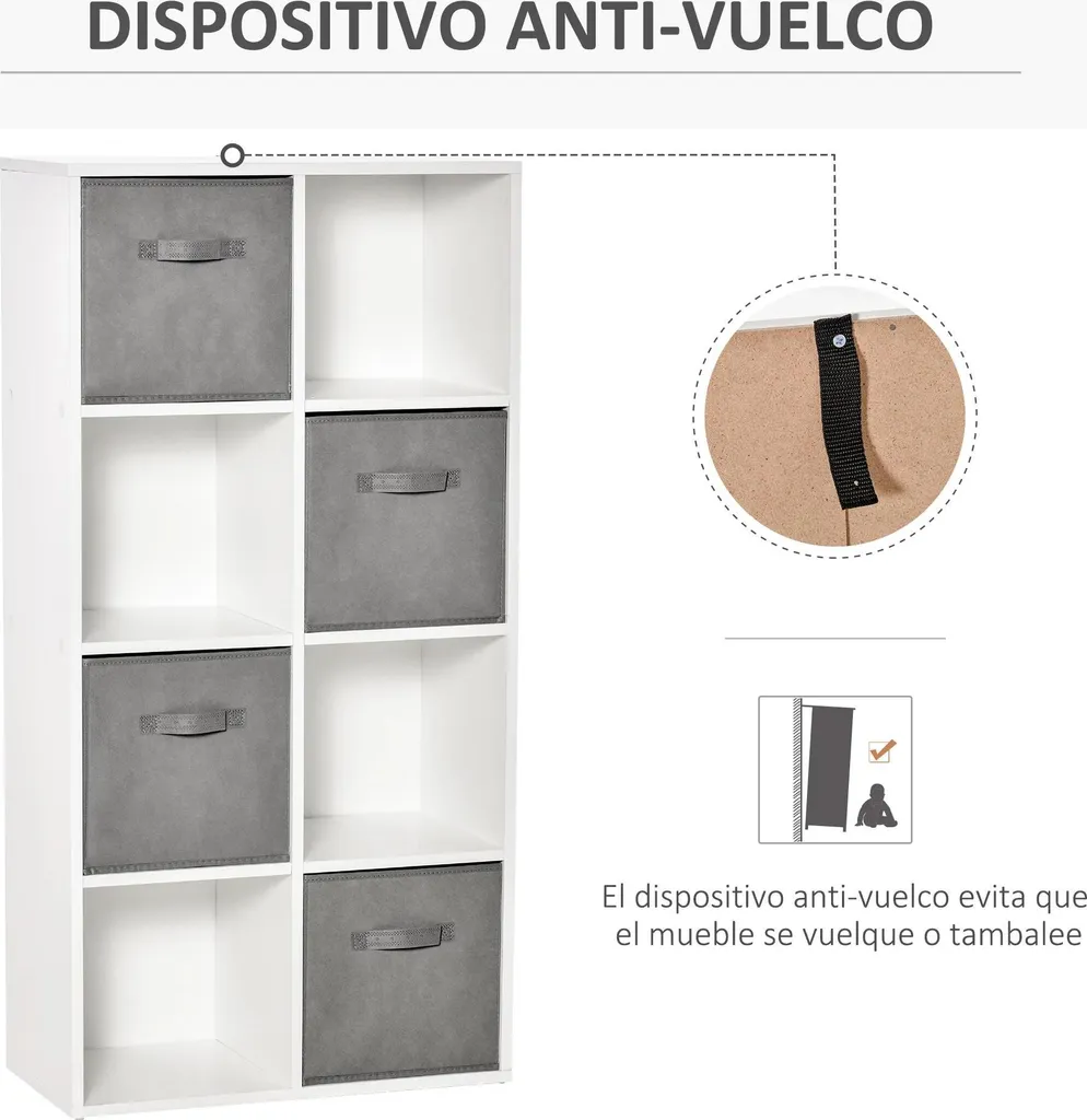 Étagère à 8 compartiments avec 4 boîtes en tissu - Bibliothèque Blanche