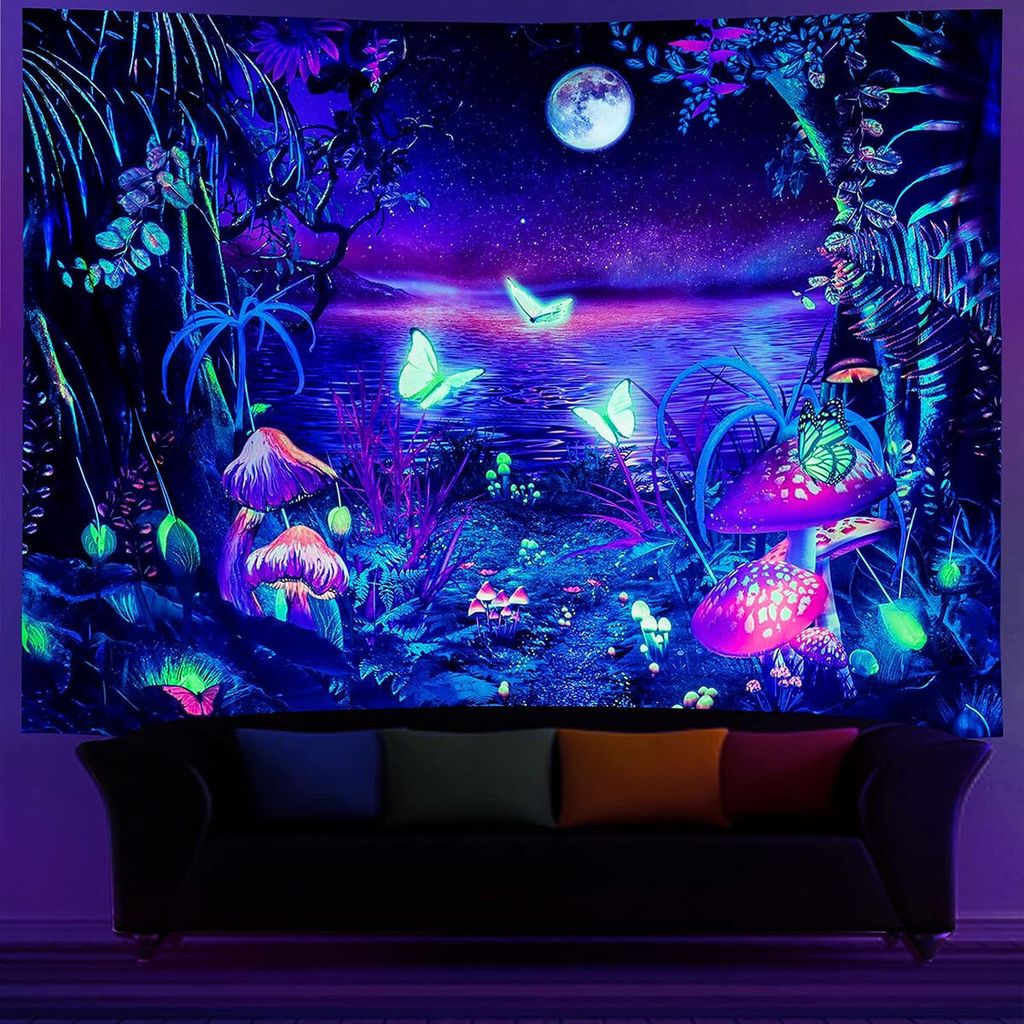 Schwarzlicht-Traumwald-Wandteppich, Mond-Wandteppich, UV-Reaktions-Schmetterlings-Wandteppich, Galaxie-Weltraum-Wandteppich