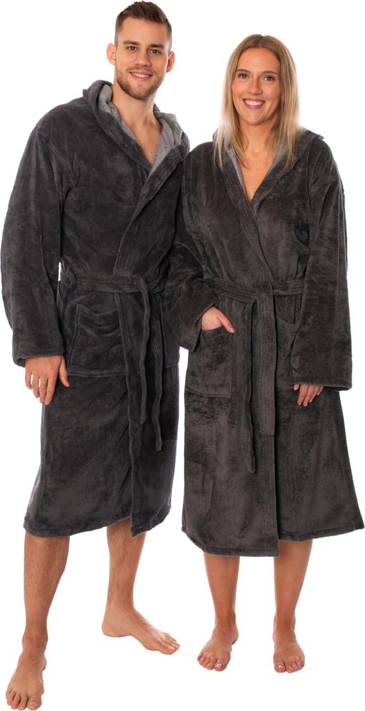 Lavea Bademantel Damen & Herren, Uni Morgenmantel mit Kapuze, Soft-Velour & Frottier, Bambus-Baumwoll-Mix, 2 Taschen, Bindegürtel, XL, Anthrazit
