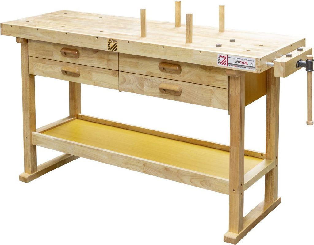 A wooden workbench with drawers and a lower shelf, set against a white background.