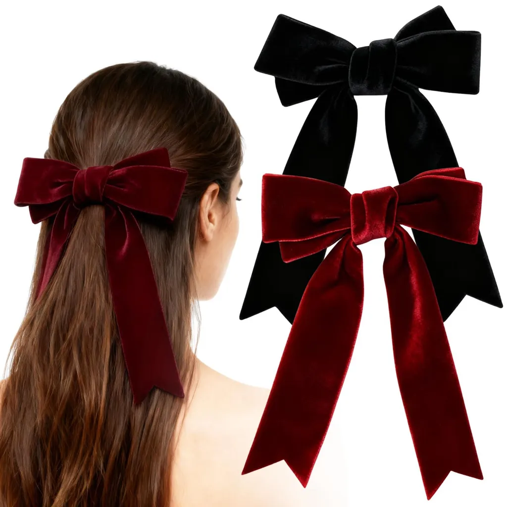Lot de 2 Barrettes Nœud en Velours Bordeaux et Noir Style Français