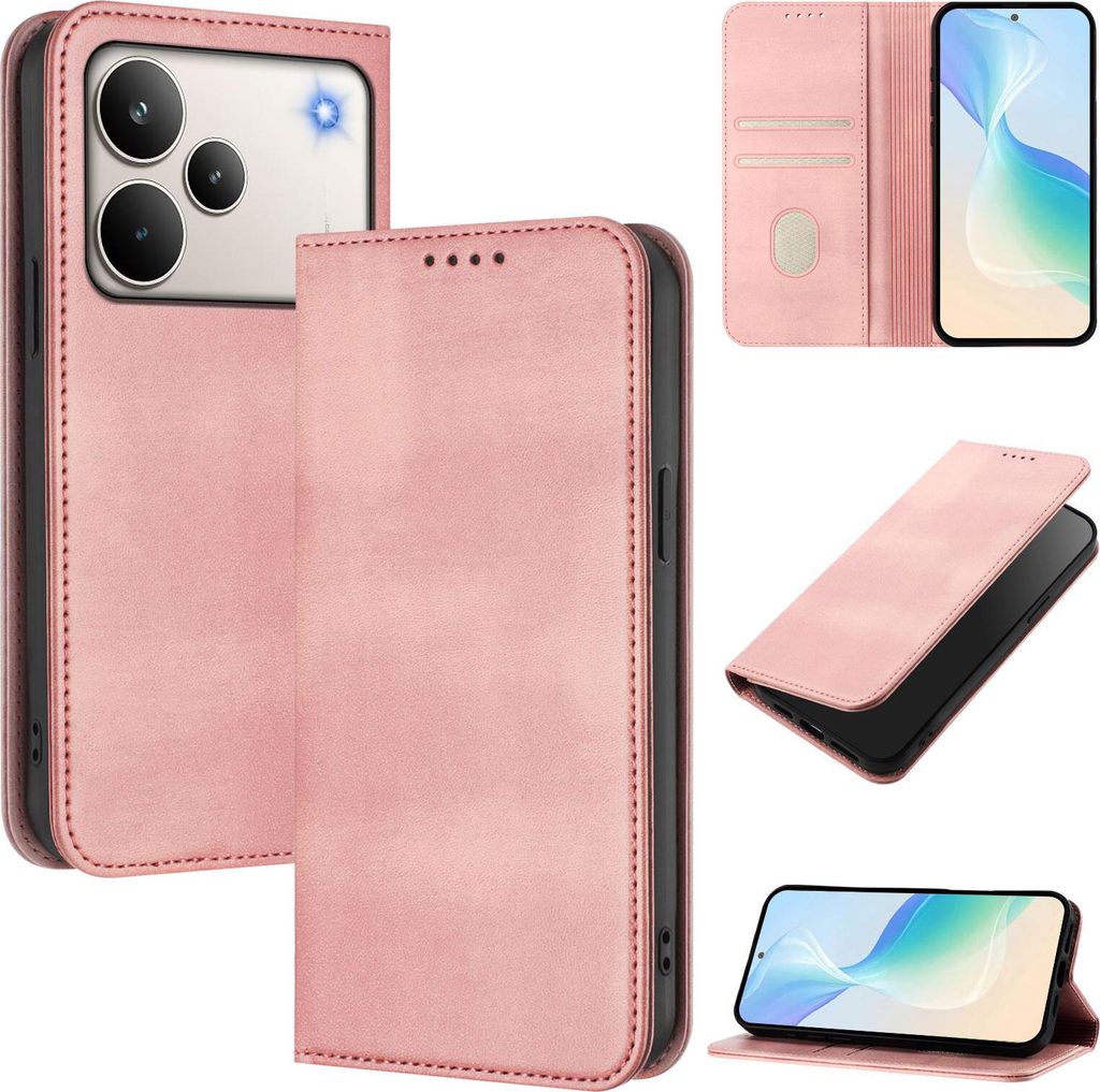 Handyhülle für Realme P4 Pro, Vintage Leder RFID Schutz Kartenfach Standfunktion Magnetische Klapphülle Pink