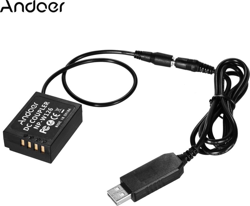 Andoer 5V USB zu NP-W126 Dummy-Akku DC-Koppleradapter Kompatibel mit Fuji-Kameras X-A1 / X-A2 / X-A3 / X-E1 / X-E2 / X-M1 / X-Pro / X-T1 / X. -T2 /...