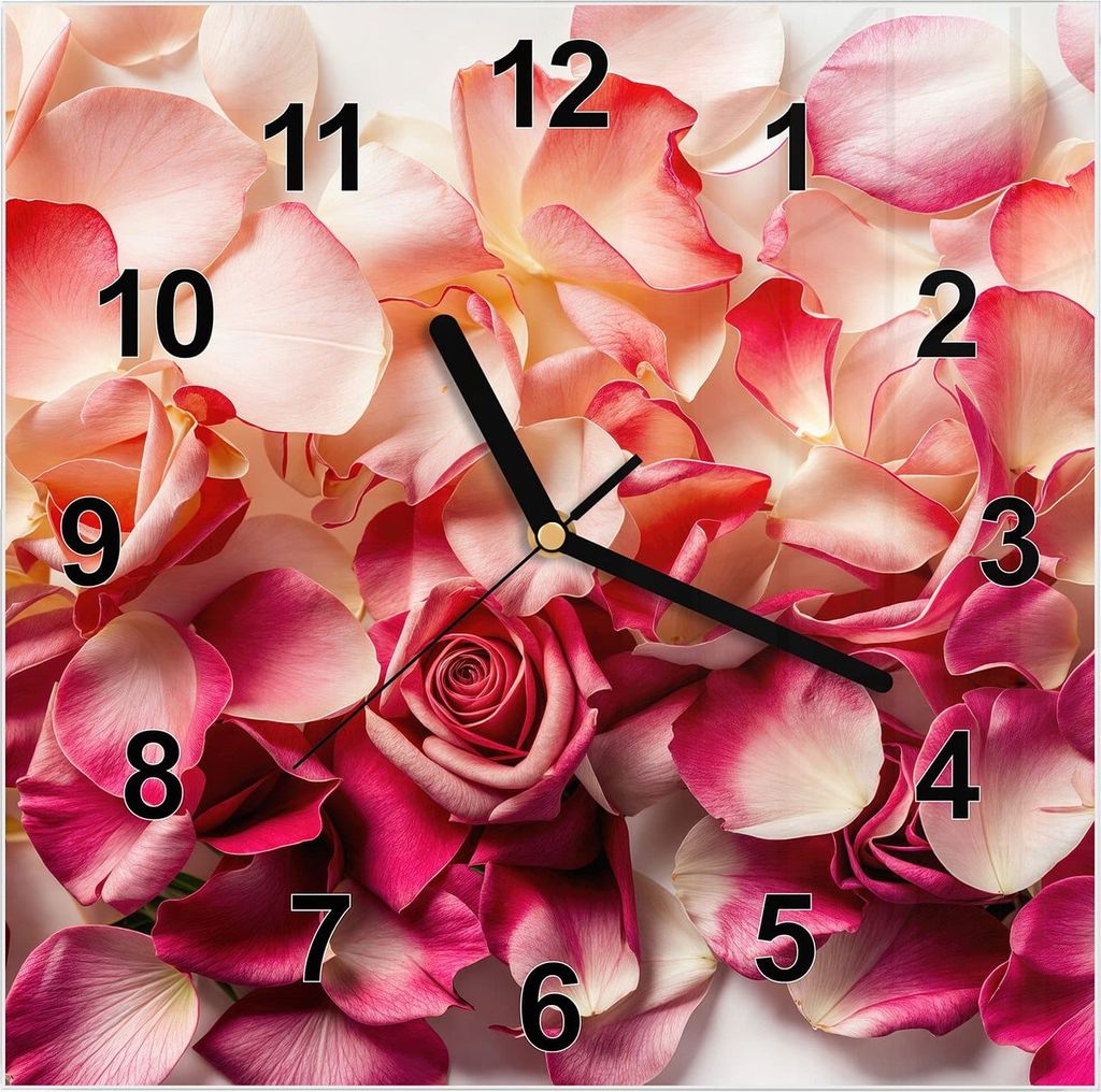 Wanduhr aus Glas mit Motiv Rosenblätterbuntes Spiel- 30 x 30 cm - inkl. Aufhängesystem