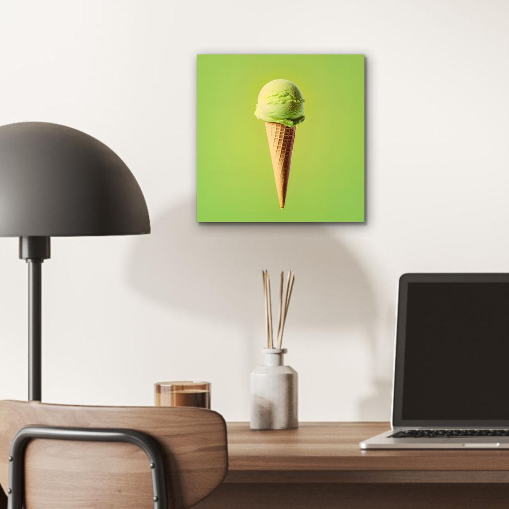 MuchoWow Wanddekoration Metall Metallbild Wandkunst 20x20 cm Horn - Schaufel Eiscreme - Grün MuchoWow Aluminium Gemälde - Alu Dibond Bilder