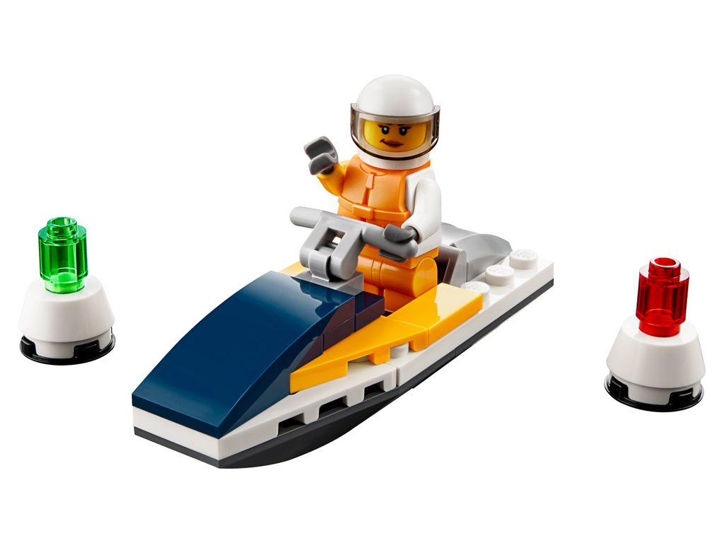 A LEGO jet ski with a minifigure driver and two buoys.