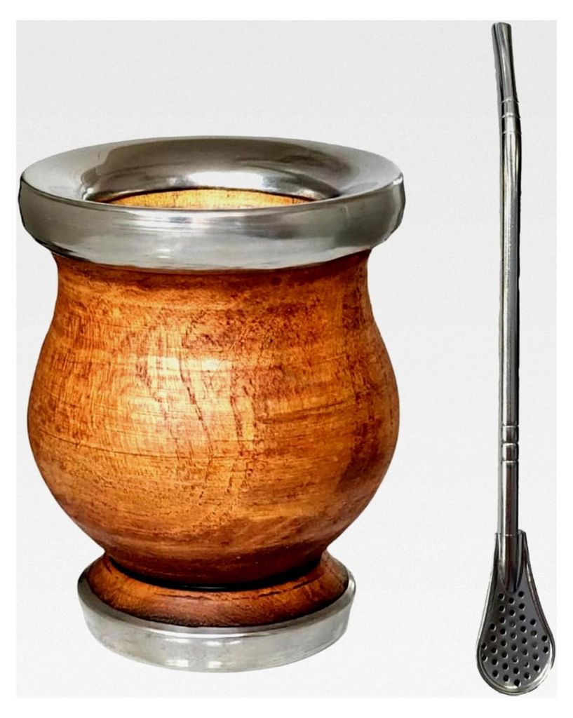 Argentinischer Becher aus Johannisbrotholz mit Edelstahlrand und -boden, matt, mit Glühbirne