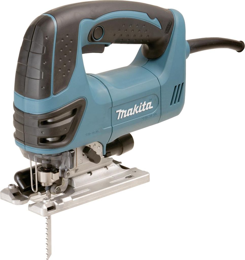 A teal and black Makita jigsaw is shown against a white background.