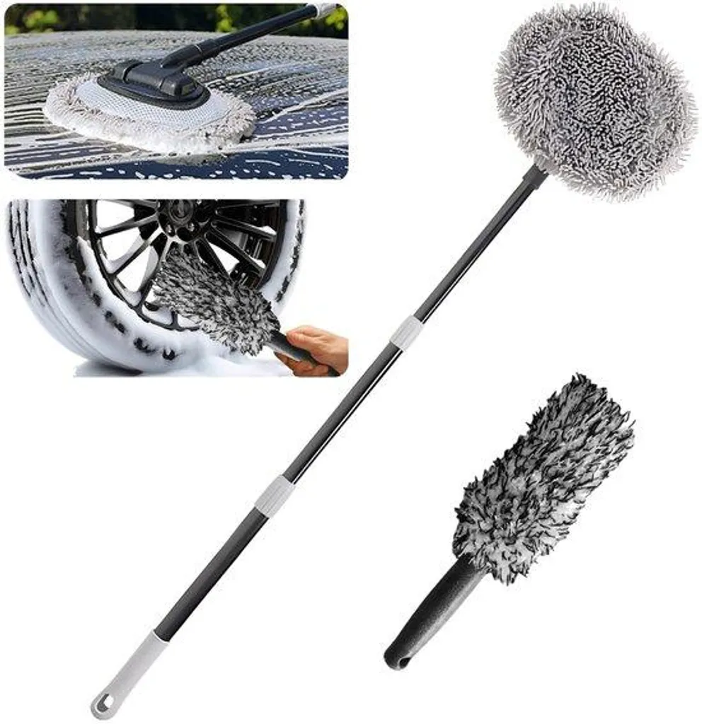 Kit de nettoyage voiture : brosse rotative et manche télescopique 120 cm