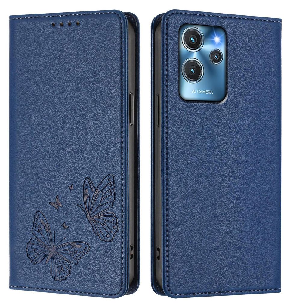 Lederhülle für Oukitel C32 / C32 Pro, Schmetterling Prägung Leder Brieftasche Schutzhülle mit Ständer Dunkelblau