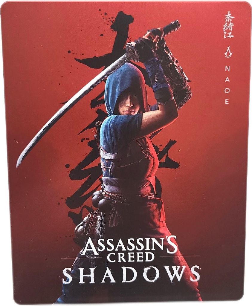 A woman in a blue hood and armor is holding a sword, with Japanese calligraphy and the game title 'Assassin's Creed Shadows' in the background.