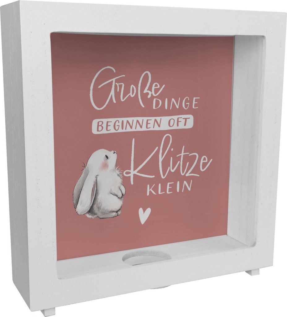 Baby Hase Rahmen Spardose aus Holz mit Spruch Große Dinge beginnen oft