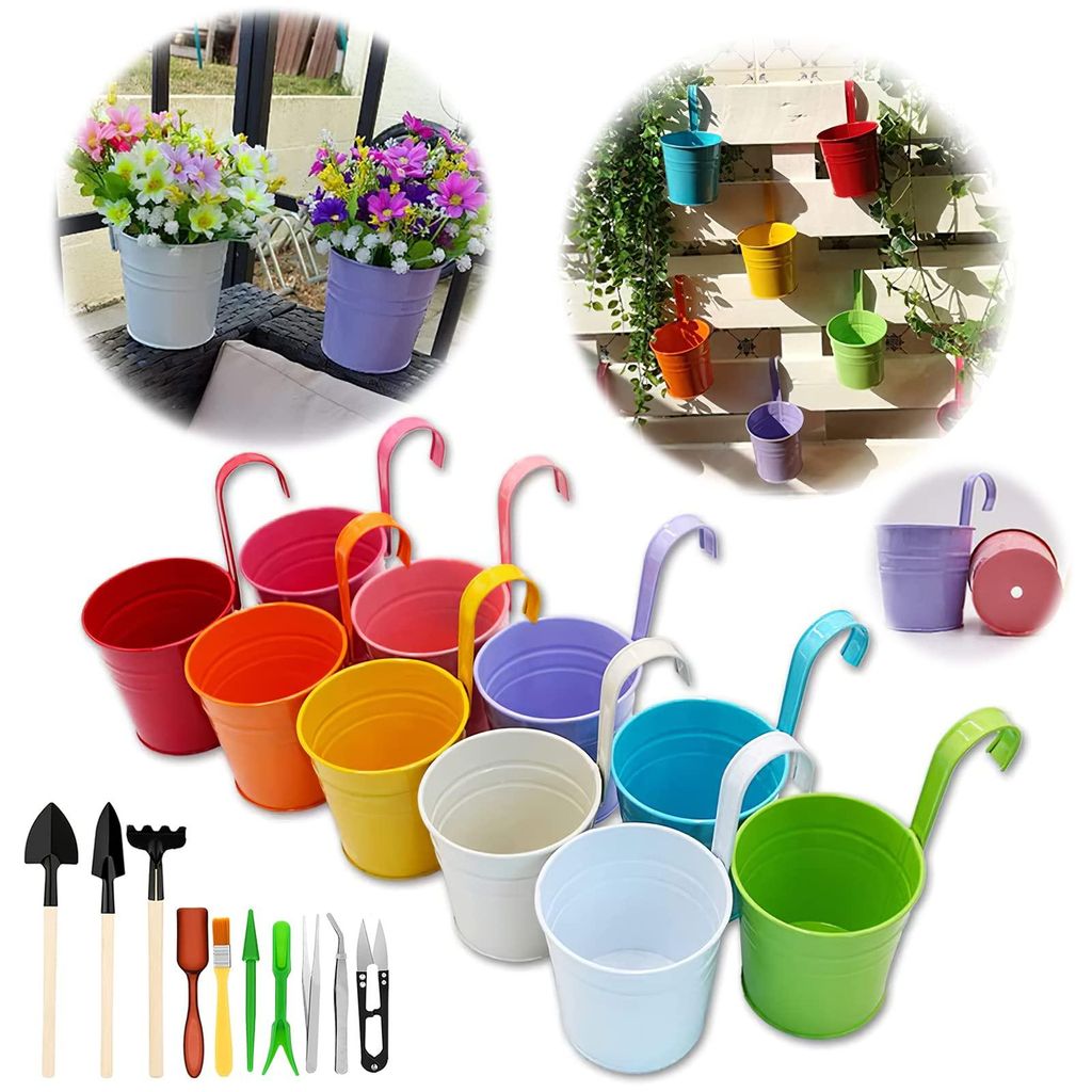 Hängende Blumentöpfe, hängende Blumentöpfe mit Abflussloch, 10 bunte Gartentöpfe mit Werkzeug, Metallblumentöpfe für Pflanzen mit abnehmbare...