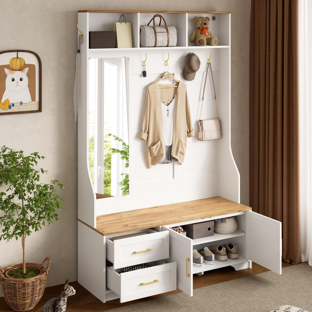 okwish Kompaktgarderoben-Set Garderobenset mit LED-Beleuchtung und Haken,Flur- & Schuhschrank mit Schubladen und Türen,mit offenem Ablagefach,Holz...