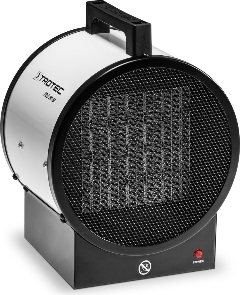 A white and black electric heater with a black handle on top, placed on a white background.