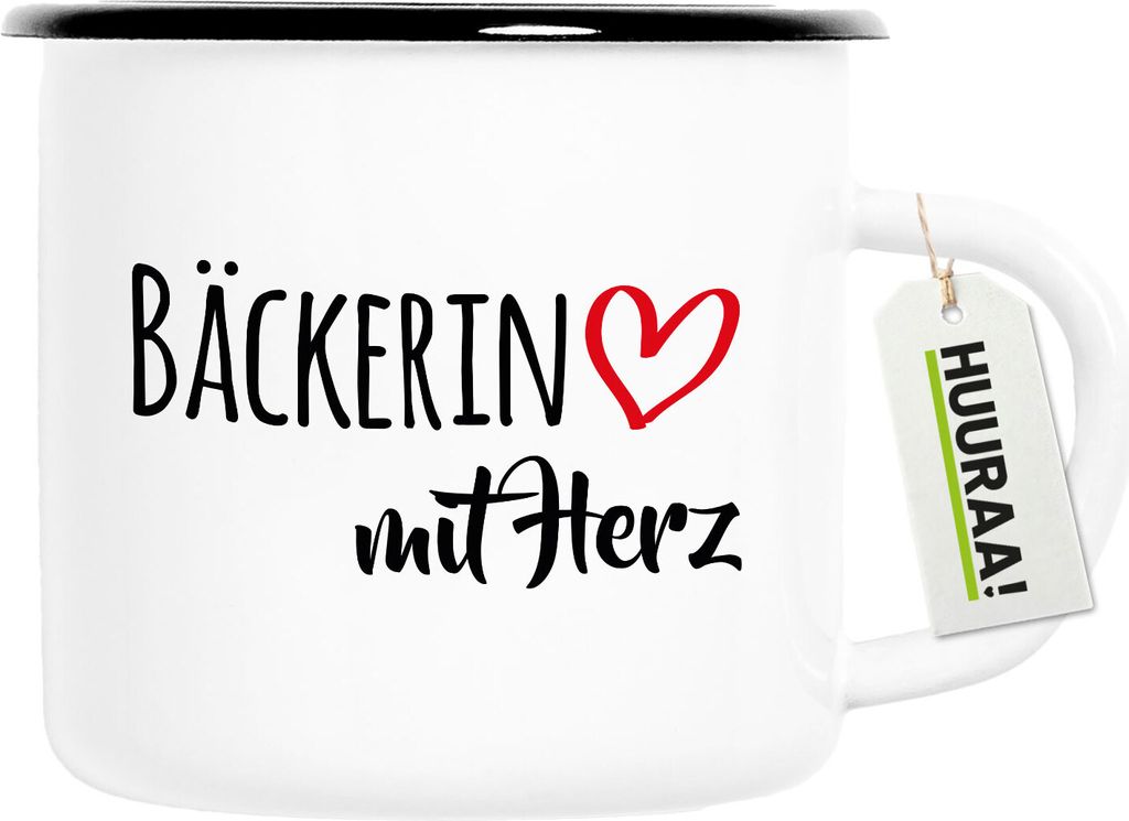 Huuraa Emaille Tasse Bäckerin mit Herz 300ml Vintage Campingbecher Geschenkidee