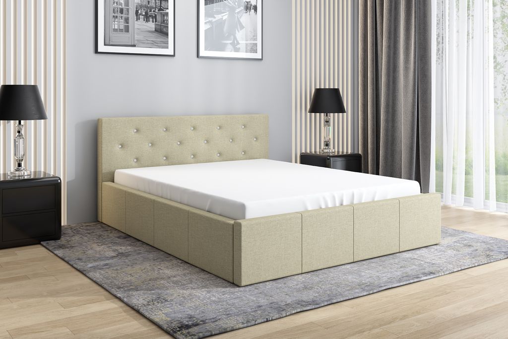 Polsterbett SKIDI 180 x 200 mit Matratze, Bettkasten und Lattenrost. Farbe: Beige