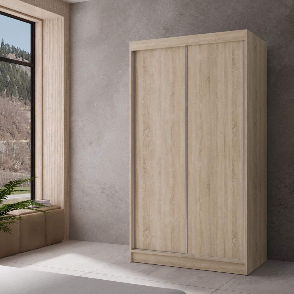 Kleiderschrank mit Schiebetüren Bergamo modernes Schiebetürenschrank mit Regale und Kleiderstange stilvoll Garderobenschrank mit LED, Farbe: Eich...