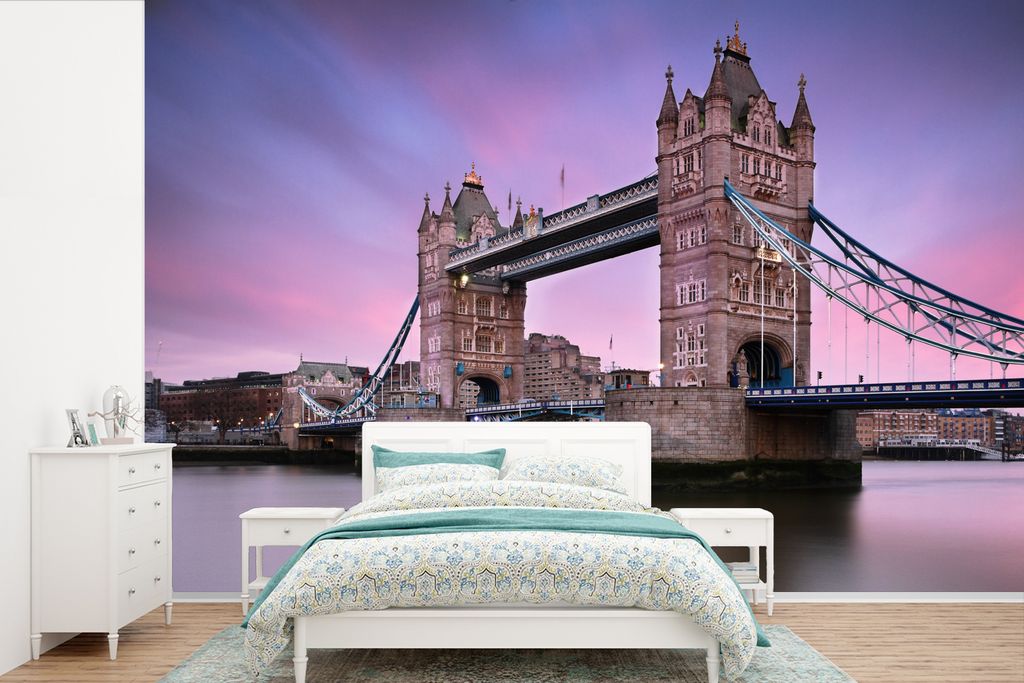 MuchoWow Fototapete für Wohnzimmer oder Schlafzimmer Wandtapete Vinyl Motivtapete Rosa und lila Himmel über der Tower Bridge in England - 390x2...