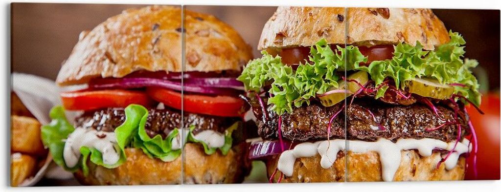 Bild auf Leinwand - Leinwandbild - Amerikaner Hamburger Essen Barbecue - 150x50cm - Wand Bild - Wanddeko - Leinwanddruck - Bilder - Kunstdruck - Le...