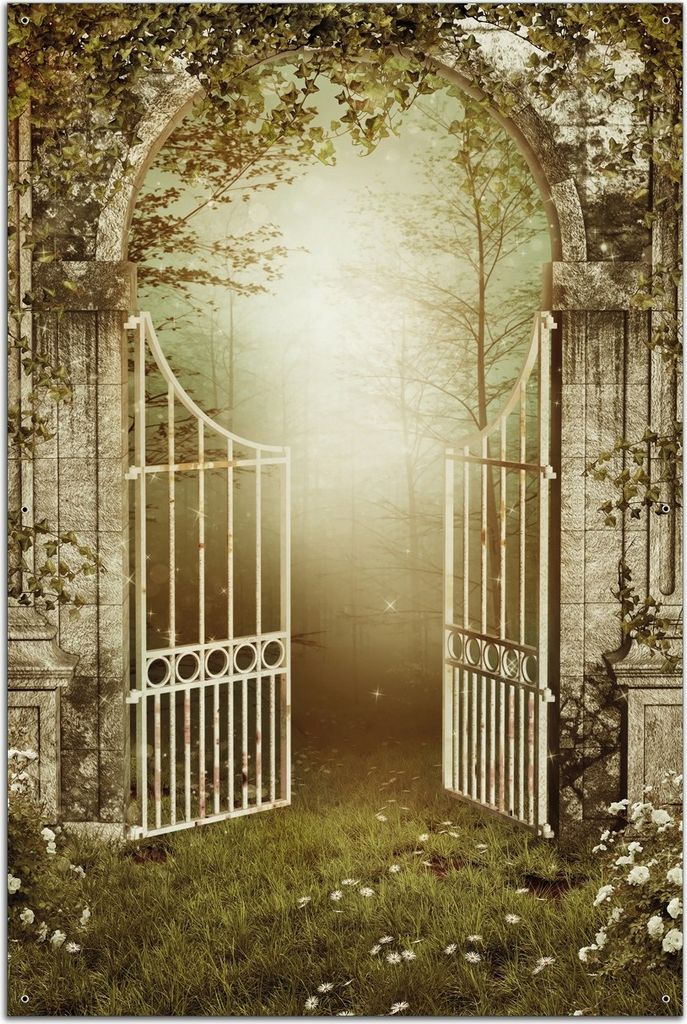 Wallario Outdoor-Poster für Garten oder Balkon, Motiv Tor in den Wald, in ca. 61 x 91,50 cm