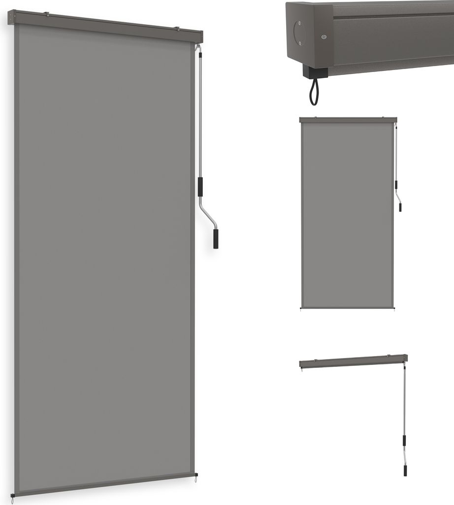 A collage of images showing a gray roller blind for outdoor use, with different angles and close-ups.