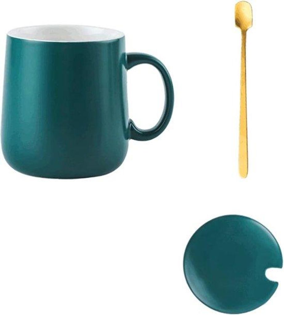 Keramische Mok Set mit Löffel und Deckel - Set für Kaffee, Tee und Cappuccino - 4 Farben
