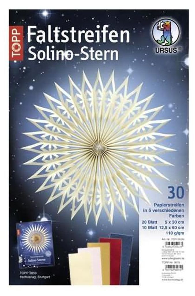 A product image showing a folded paper star and samples of colored paper strips.