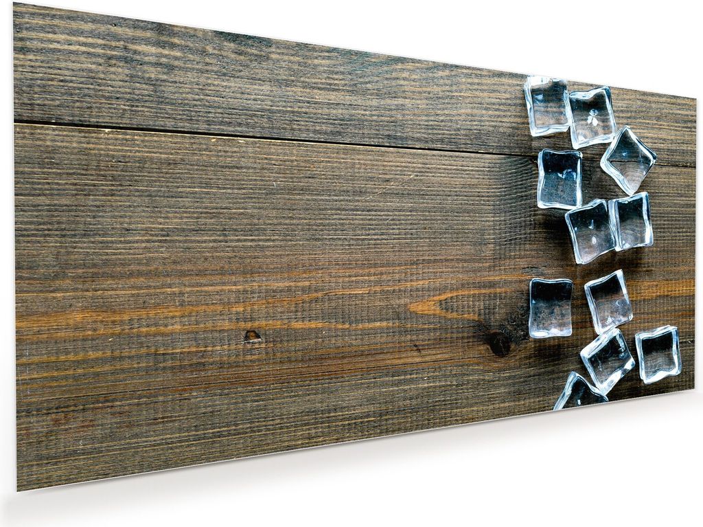Glasbild Wandbild Eiswürfel auf Holztisch 120x60cm in XXL für Wohnzimmer, Schlafzimmer, Badezimmer, Flur
