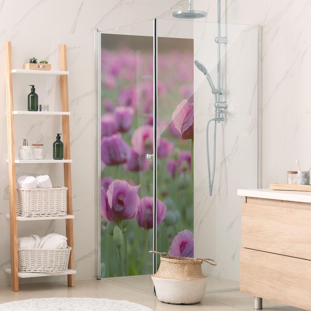 Duschrückwand Blumen selbstklebend - 0.61 mm Wandpaneel wasserfest Blumenwiese violett Motiv Badrückwand fugenlos Premium matt 80x210 cm