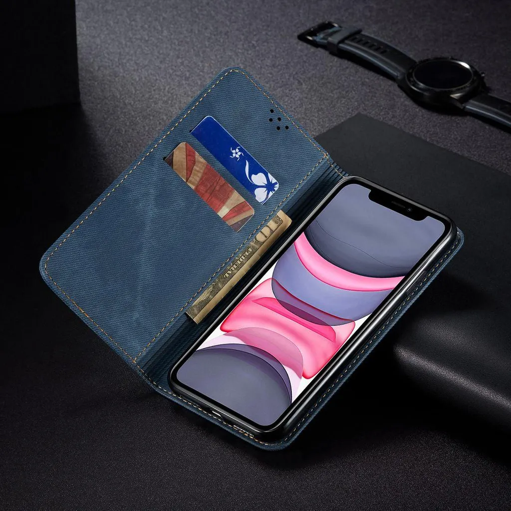 Portafoglio iPhone 11 Blu: Custodia in Pelle con Chiusura Magnetica Stand - 5