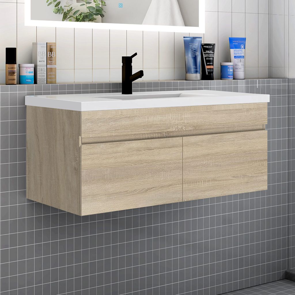 Badezimmer Badmöbel 100 cm Mineralguss Waschtisch mit Unterschrank Hängeschrank Badezimmerschränke Badschrank mit 2 Türen Eiche