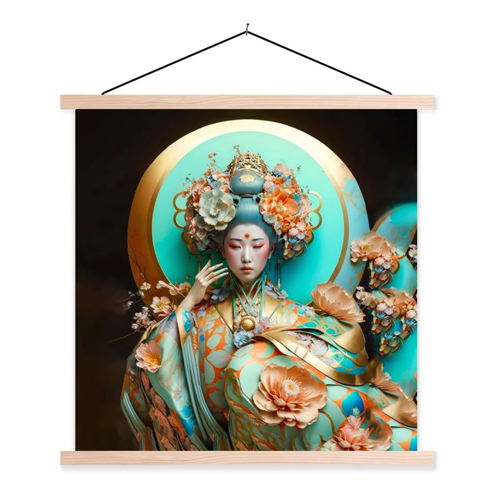 MuchoWow Textilposter Frau - Kimono - Blumen - Gold - Porträt 40x40 cm mit holzfarbenen Rahmen - Posterleiste