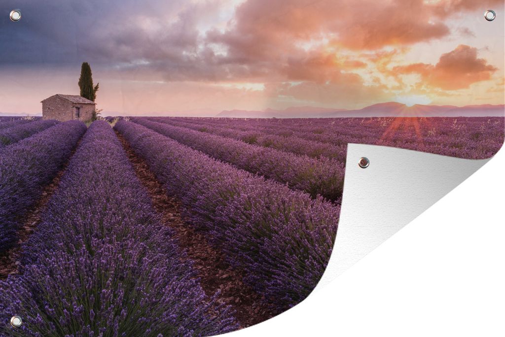 MuchoWow 120x80 cm Outdoor-Poster Gartendeko Sichtschutz Garten Poster für den Garten Lavendel - Haus - Frankreich