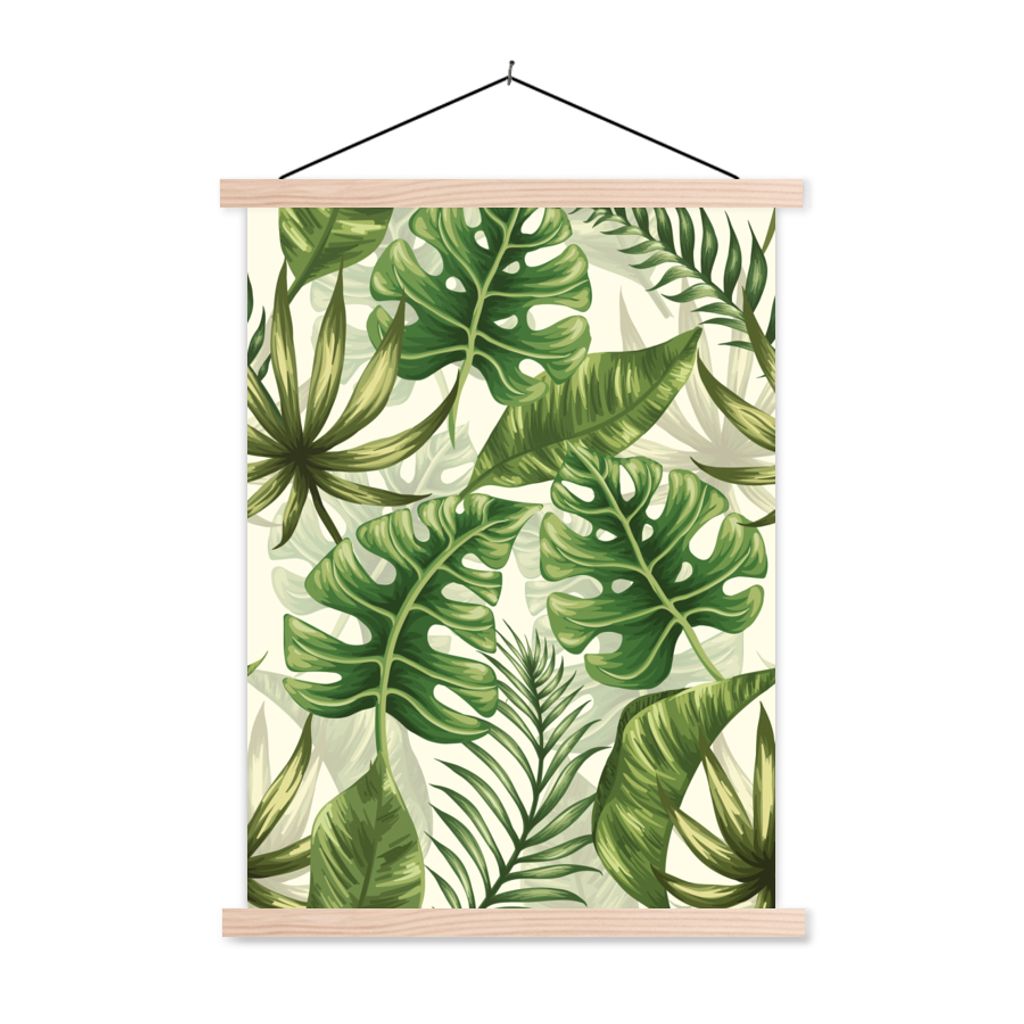 MuchoWow Textilposter Monstera - Illustration - Weiß - Mädchen - Kinder - Jungen 40x53 cm mit holzfarbenen Rahmen - Schlafzimmer