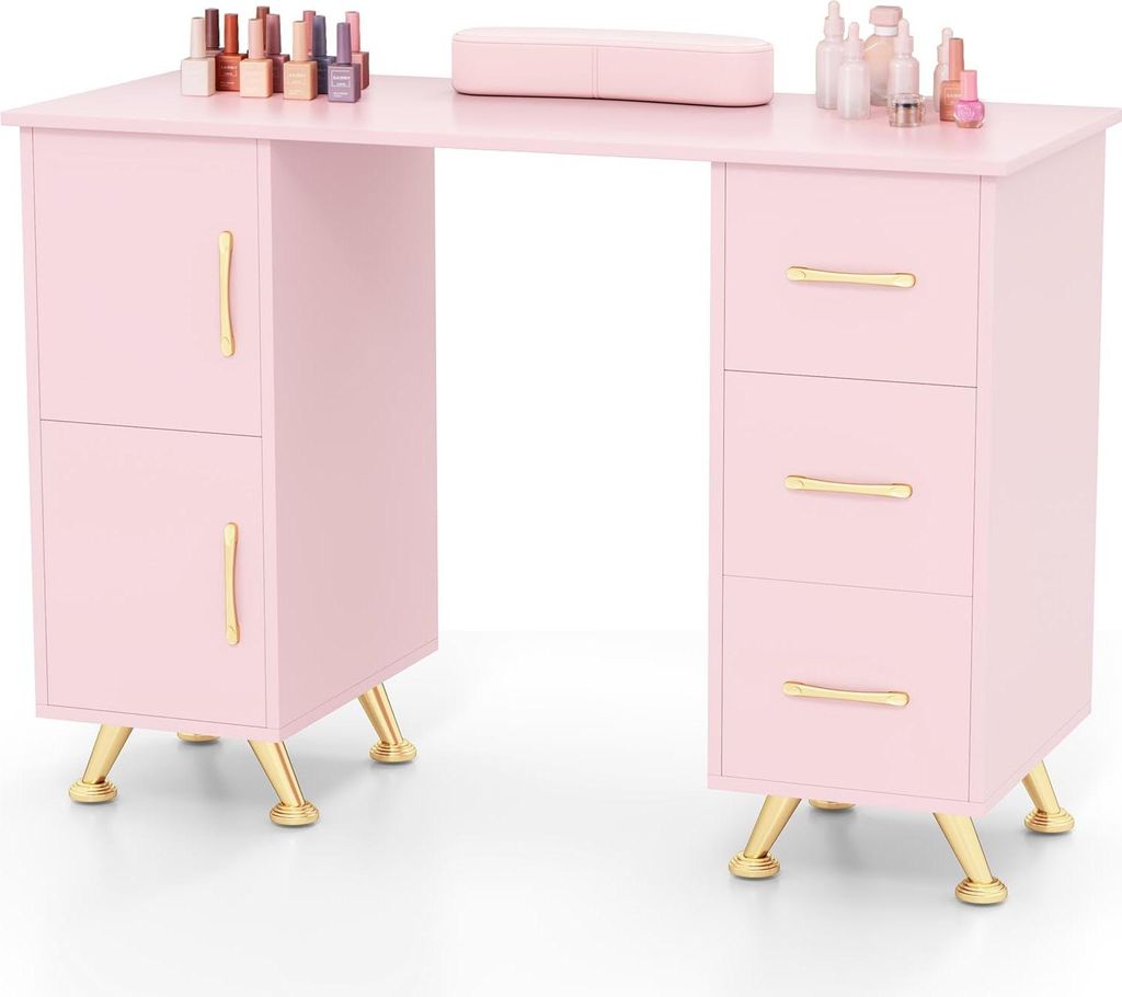 GOPLUS 2 in 1 Maniküretisch, Nagelpflegetisch mit 3 Schubladen, 2 Schränken, 8 Metallbeinen, Schreibtisch für Schönheitssalon, Zuhause (Rosa)