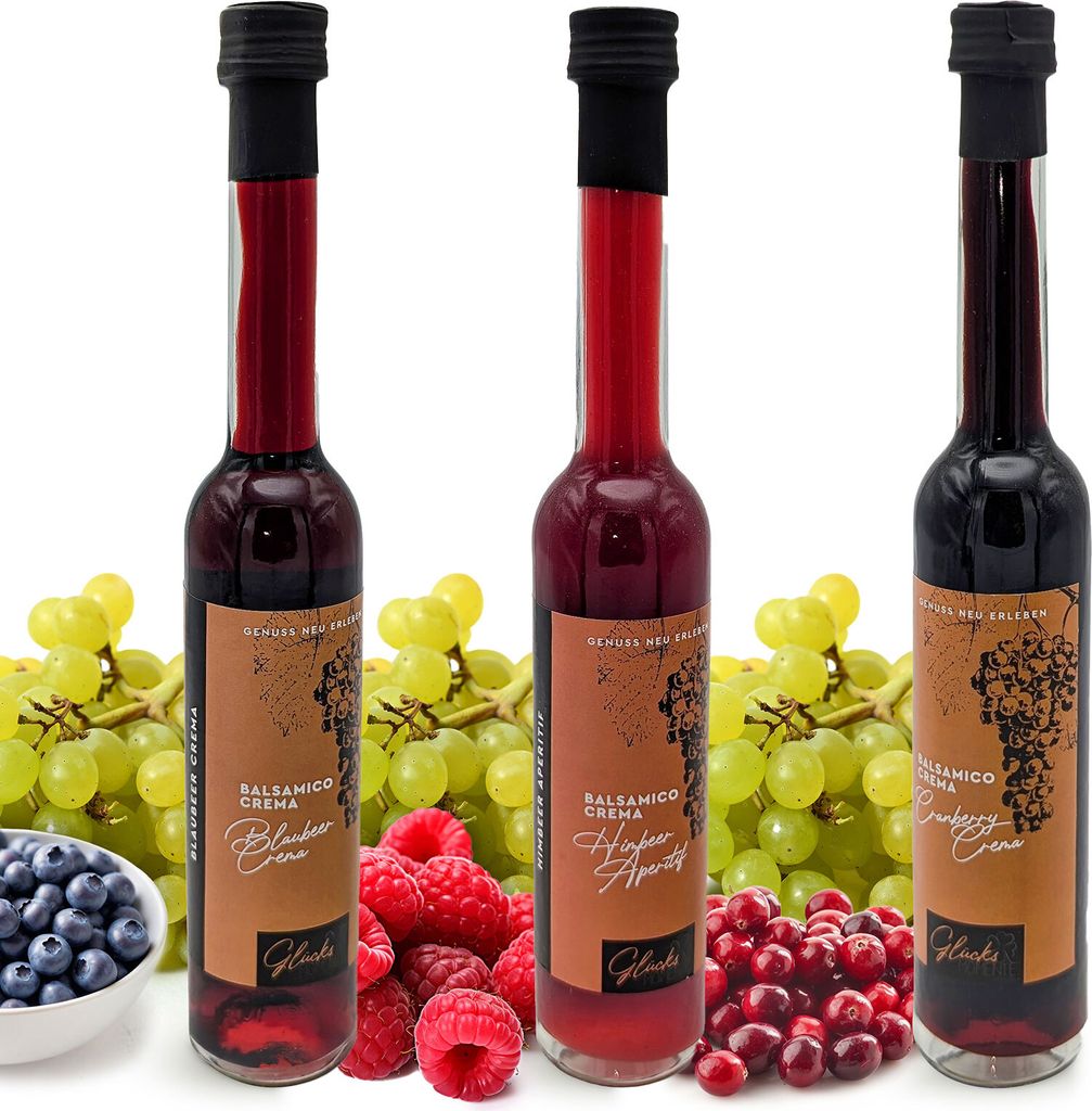 Glücks Momente Berry Mix 3er Set je 100ml - Blaubeer Crema, Cranberry Crema, Himbeer Aperitif - Balsamico Crema Frucht Essigzubereitung mit 3% Säure