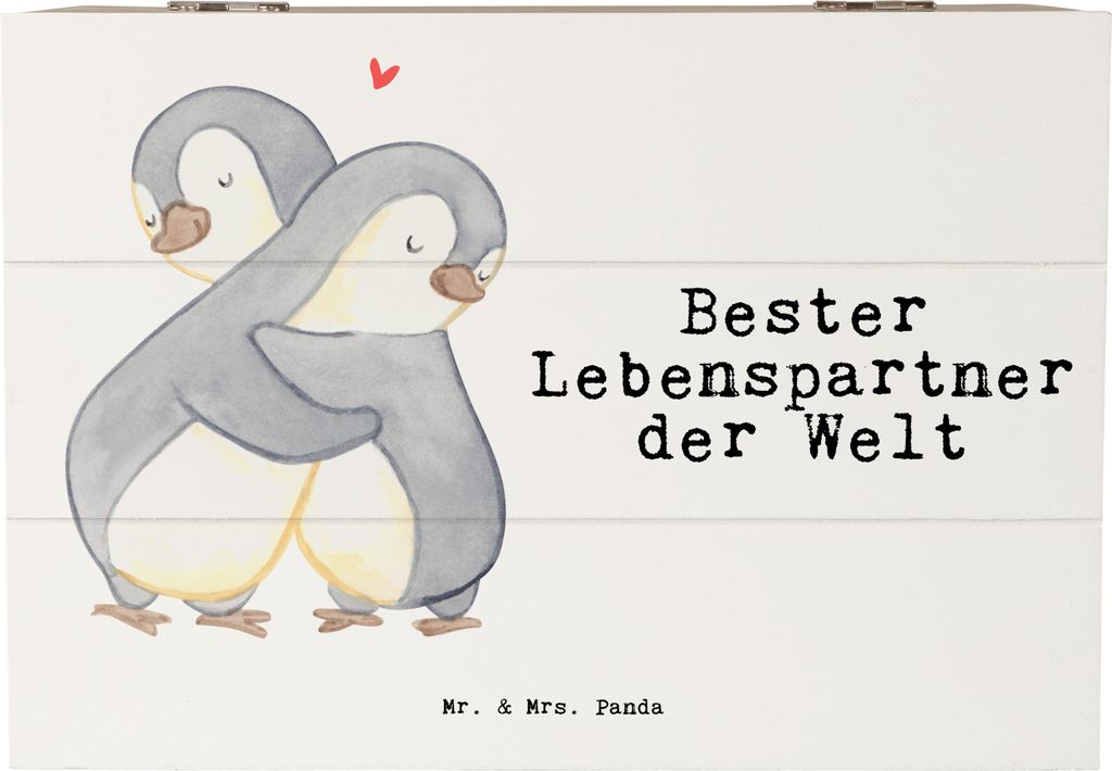 Mr. & Mrs. Panda Geschenkbox Pinguin Bester Lebenspartner der Welt 22 x 15 cm - Weiß - Geschenk, Freundin, Ehemann, Truhe, Holz Aufbewahrungsbox, ...