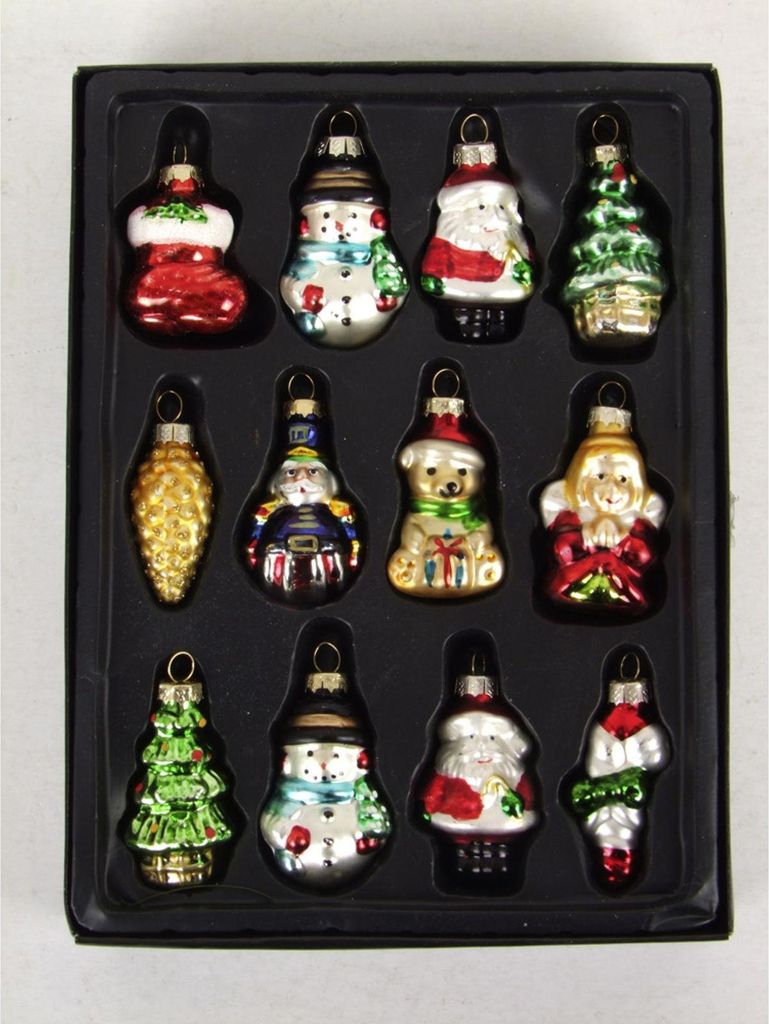 Glas-Anhänger 12er Set H 5 cm bemalt | Weihnachtliche Anhänger aus Glas | Edler Baumschmuck mit verschiedenen handbemalten Motiven