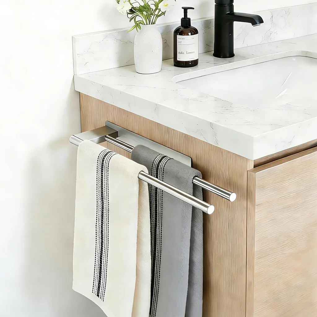 Porte-serviettes sans perçage 39cm en acier SUS304 double bras argent