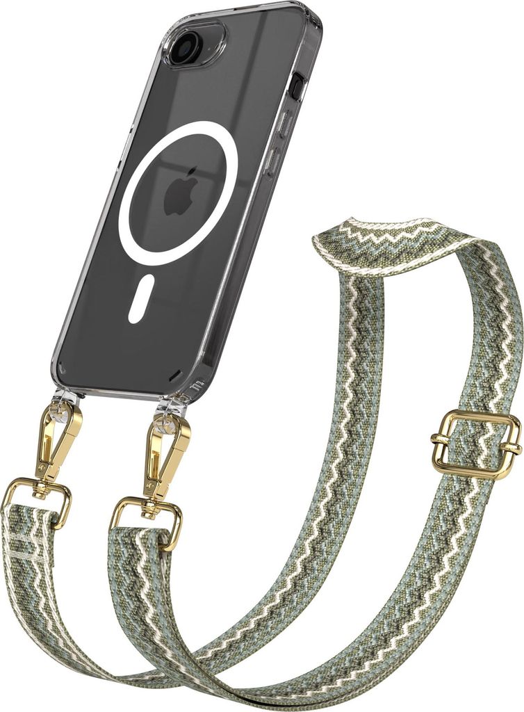 EAZY CASE - Handykette mit MagSafe Hülle für Apple iPhone 16e, Handyband Wave Style, Karabiner Gold, Umhängeband in Grün