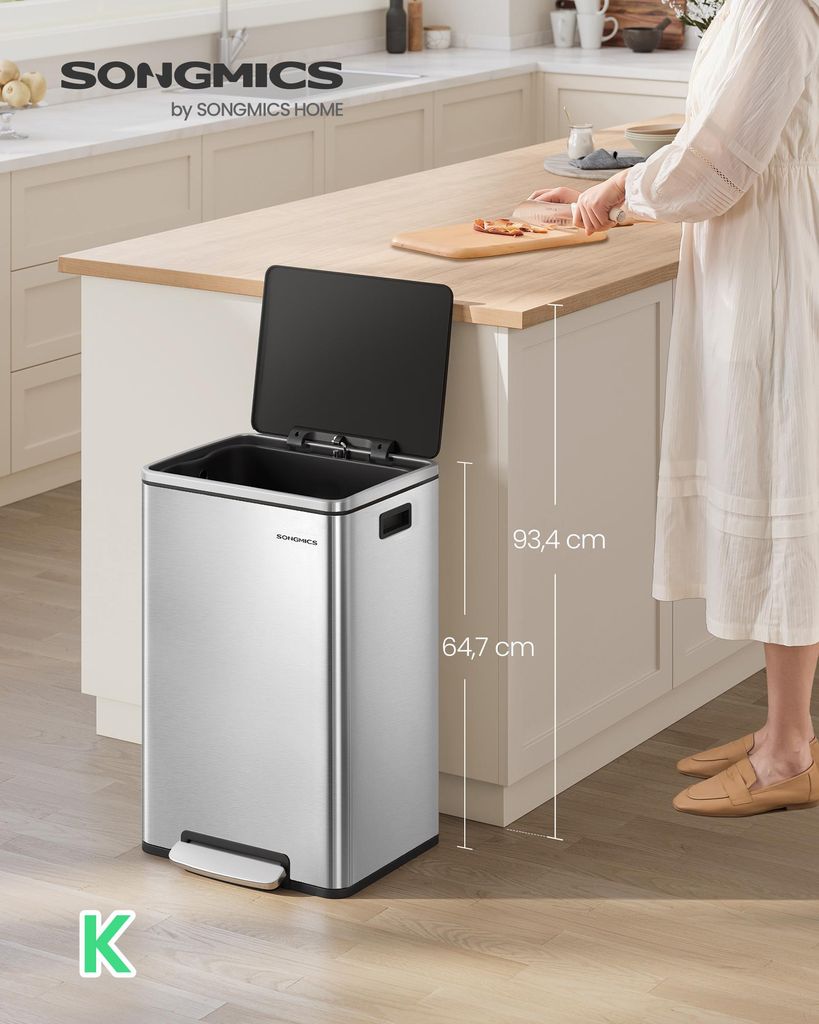 SONGMICS Mülleimer 50 L, 15 Müllsäcke, Edelstahl, Produktbild 
