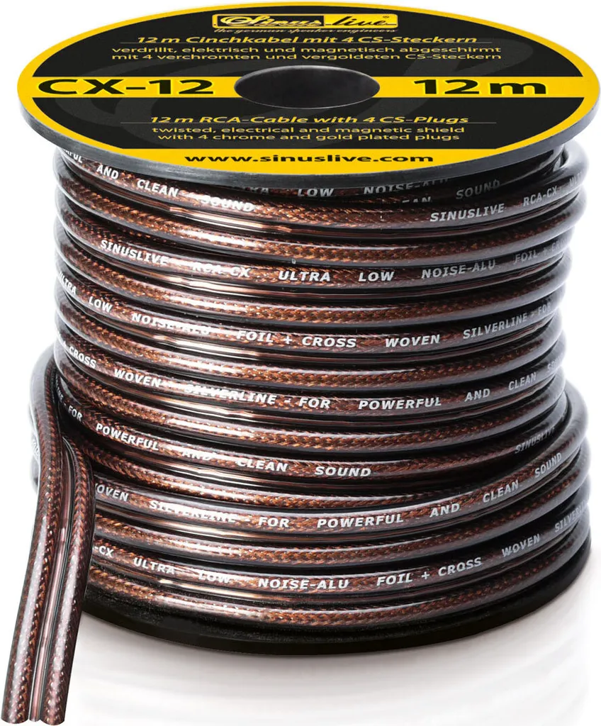 Câble RCA blindé 12m Sinuslive CA-12 torsadé avec fiches métalliques