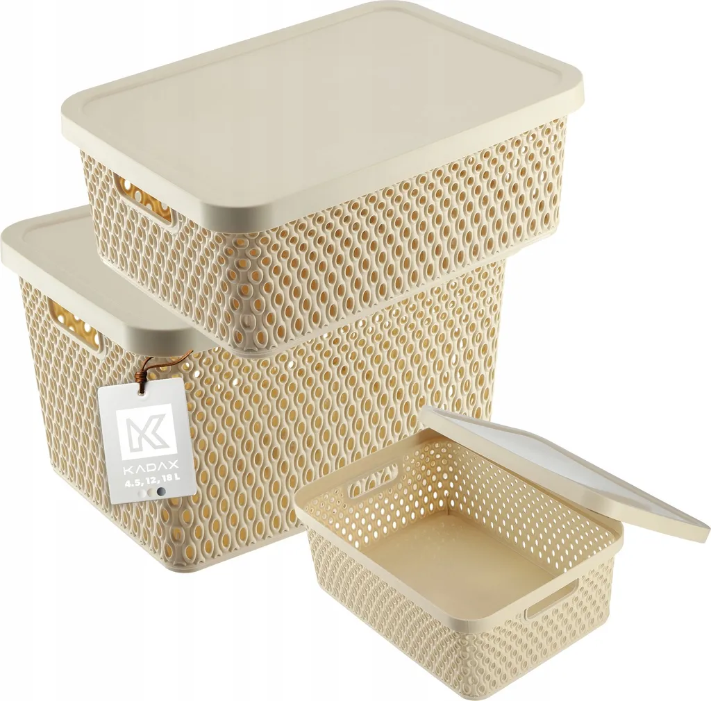 KADAX Corbeille de rangement avec couvercle, lot de 3 boîtes, Beige
