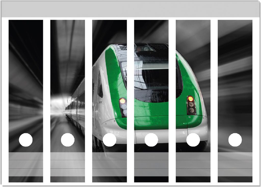 Wallario Ordnerrücken Sticker, selbstklebend für breite Ordner, 6 Stück, Motiv Fahrender Zug von vorn in grün - Perspektive von vorn
