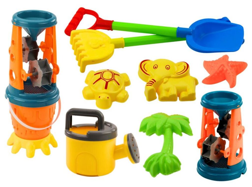 Leantoys Zestaw Do Piasku M?ynek ?opatka Grabki Konewka Foremki Wiaderko 10 el.